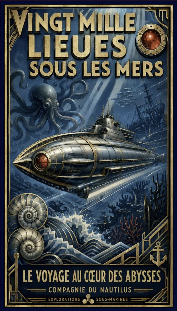 Affiche « Vingt mille lieues sous les mers » : le Nautilus file sous l'océan entre une pieuvre, des nautiles et l'épave d'un voilier.